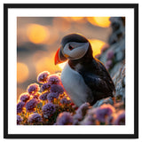 Puffin Bird Amidst Purple Flowers Golden Hour thumbnail