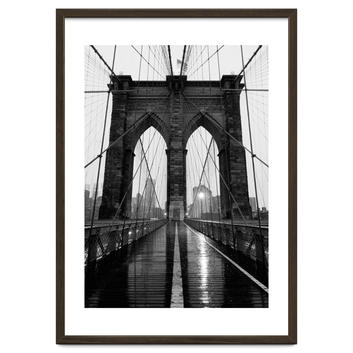 Brooklyn Bridge Black and White, Moody NYC Architecture, Rainy Urban Photography