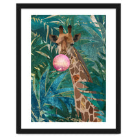 Giraffe blowing a bubble in the jungle