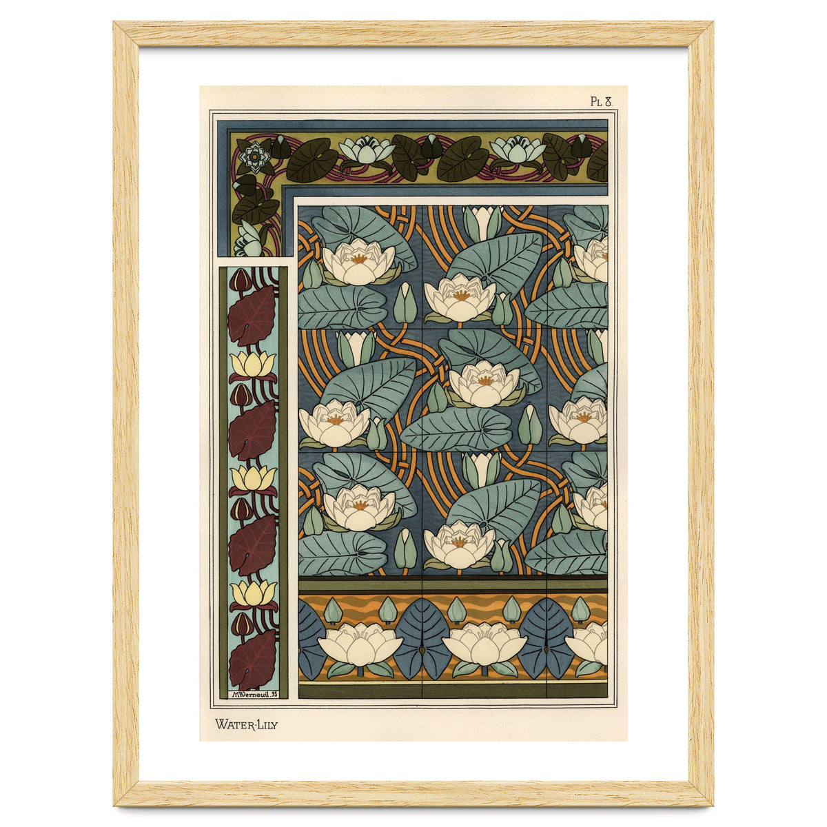 The water lily, Nelumbo lutea, in wallpaper and tile patterns. Lithograph by Verneuil.