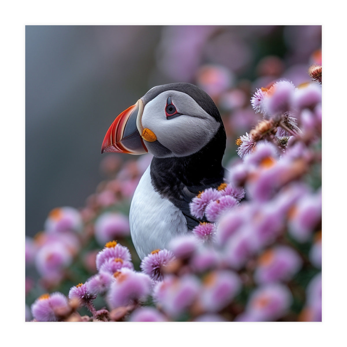 Atlantic Puffin Amidst Pink Heather Flowers (Print Only)