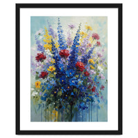 Vibrant Blue Delphinium and Red Rose Heavy Impasto Oil Painting