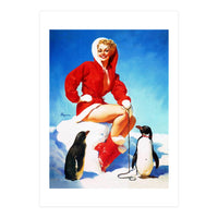 Pinup Sexy Woman Posing With Two Penguins (Print Only)