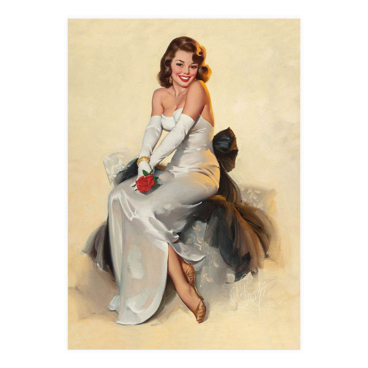 Smiling Young Woman Posing With Flower (Print Only)