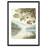 Tranquil Lakeside Forest Watercolor Painting with Overhanging Autumn Branches and Misty Mountain Reflection thumbnail
