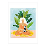 Meditation With Thy Cat Poster | Blonde Woman of Color | Tropical Banana Leaves Quirky Pet Workou (Print Only) thumbnail