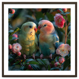 Two Lovebirds Perched On A Branch Near Flowers thumbnail
