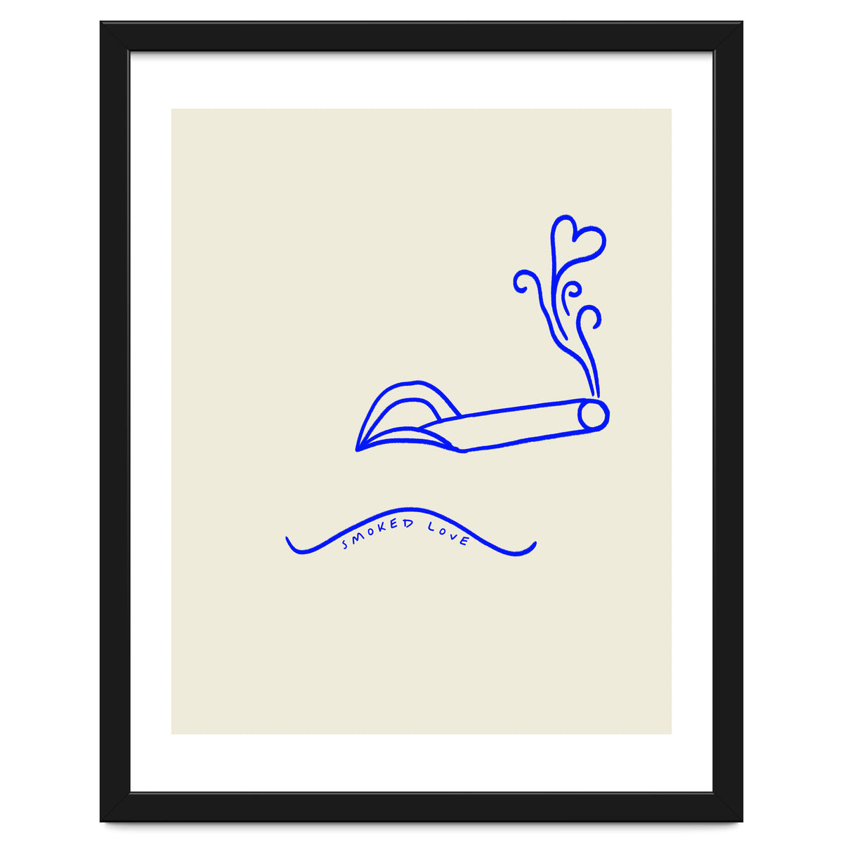 Smoked Love, Line Art Drawing Sketch, Minimalism Doodle Woman Cigarette Cigar Smoke, Eclectic Bohemian Framed