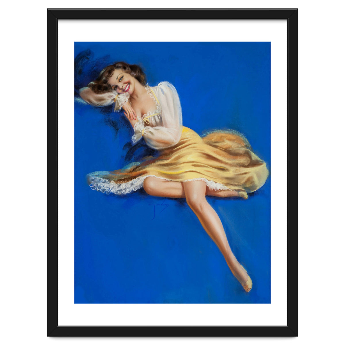 Pinup Girl Posing In Studio Over The Blue Background