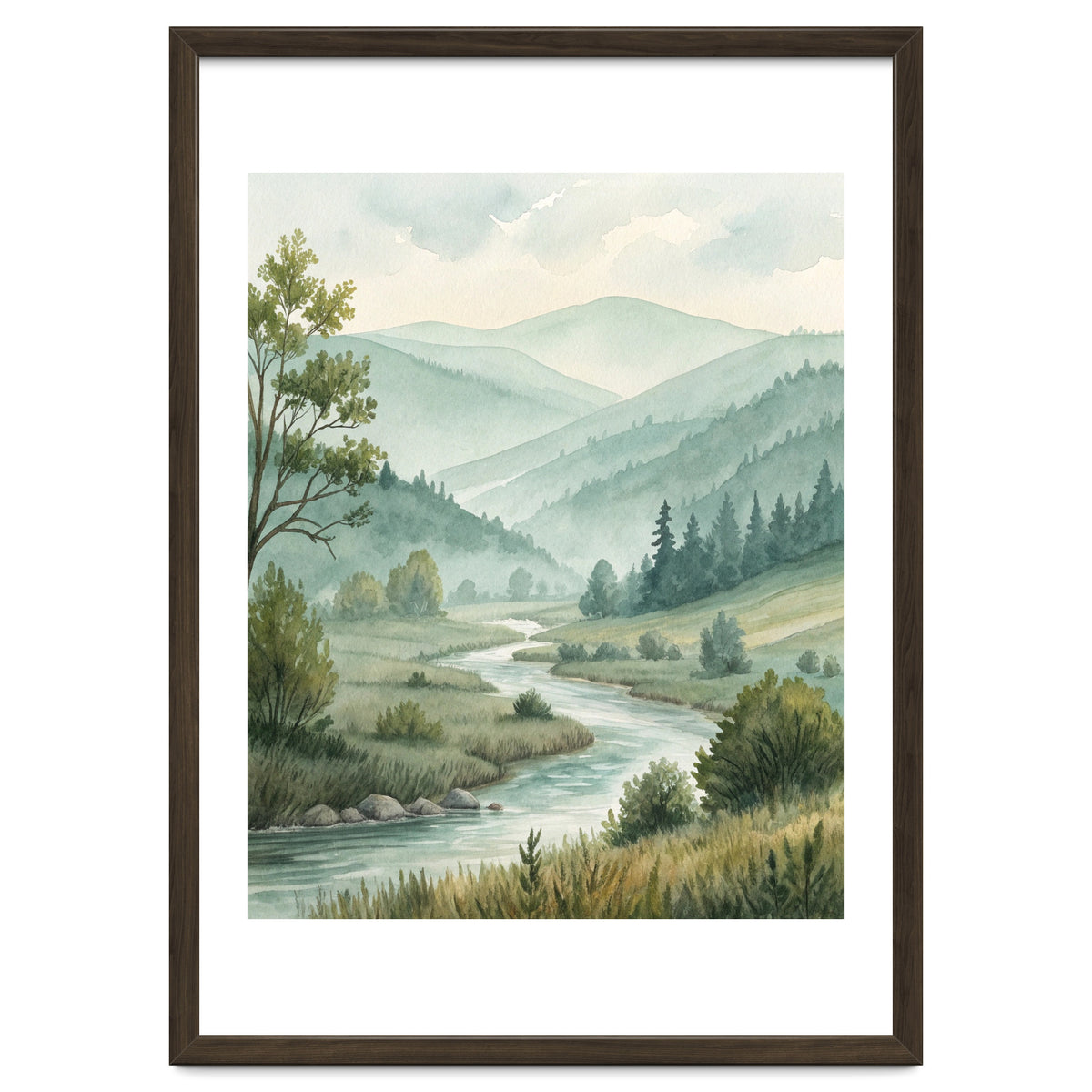 Serene River Valley in Soft Watercolor