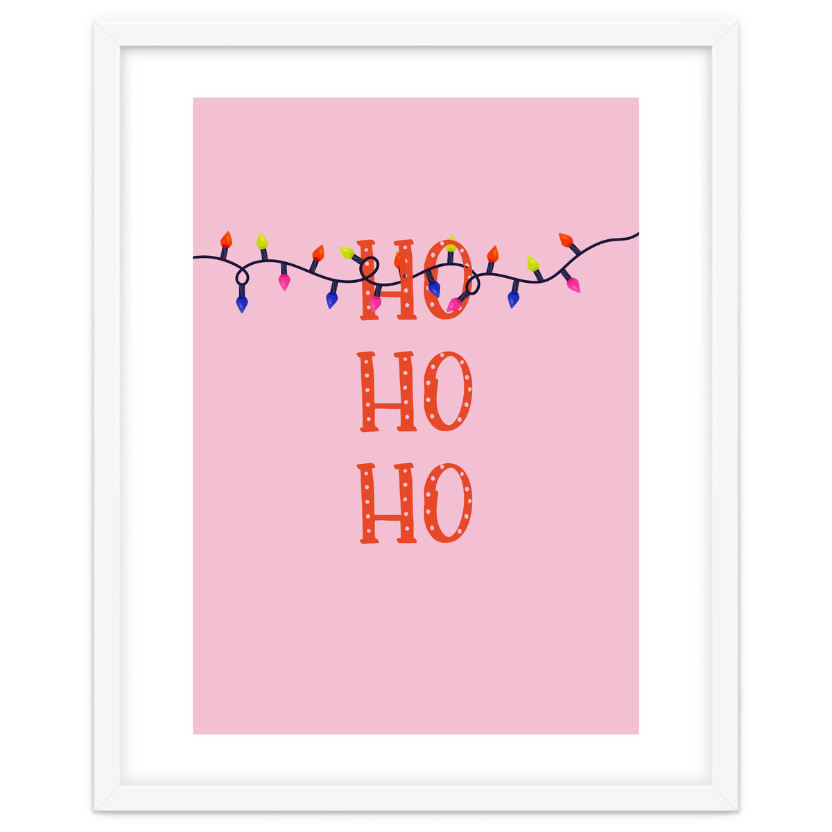 HO HO HO Christmas Lights Art, Pink Holiday Illustration, Modern Festive Quote
