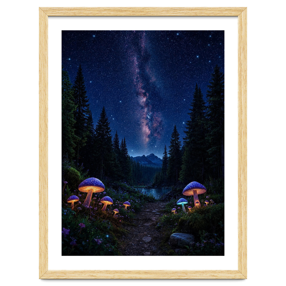 Enchanted Midnight Forest: Glowing Mushrooms and Milky Way