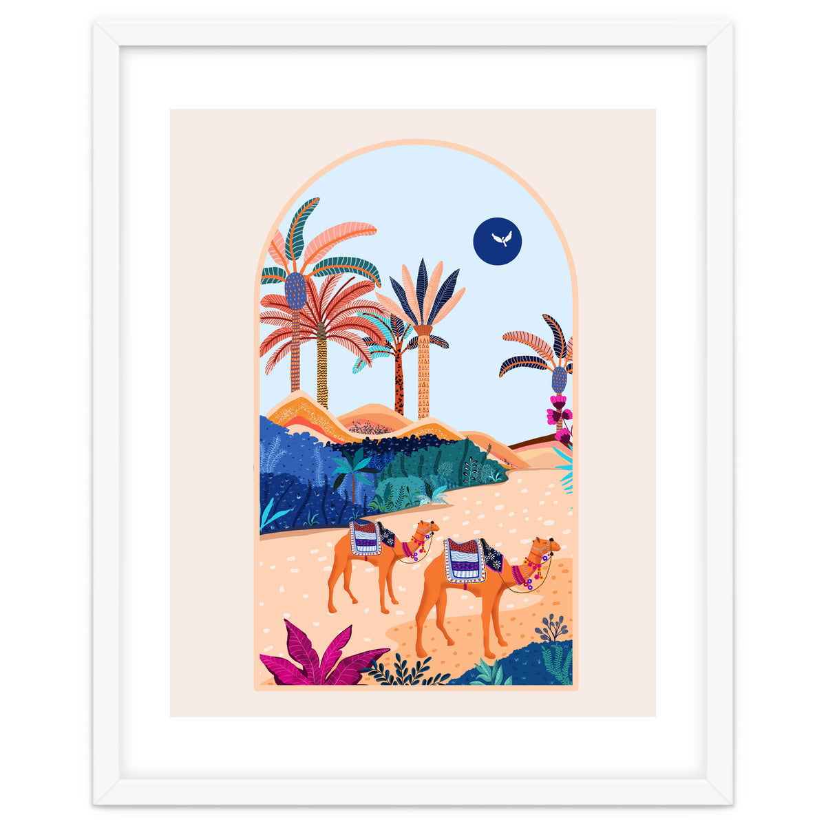 The Arabian Desert, Nature Landscape Travel Illustration, Camels Eclectic Sand Dunes Dubai Palm, Sahara Middle East Hot Summer Animals Bohemian