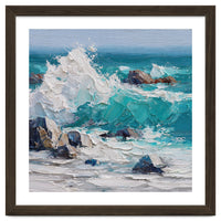 Dynamic Crashing Turquoise Ocean Wave Against Rugged Coastal Rocks