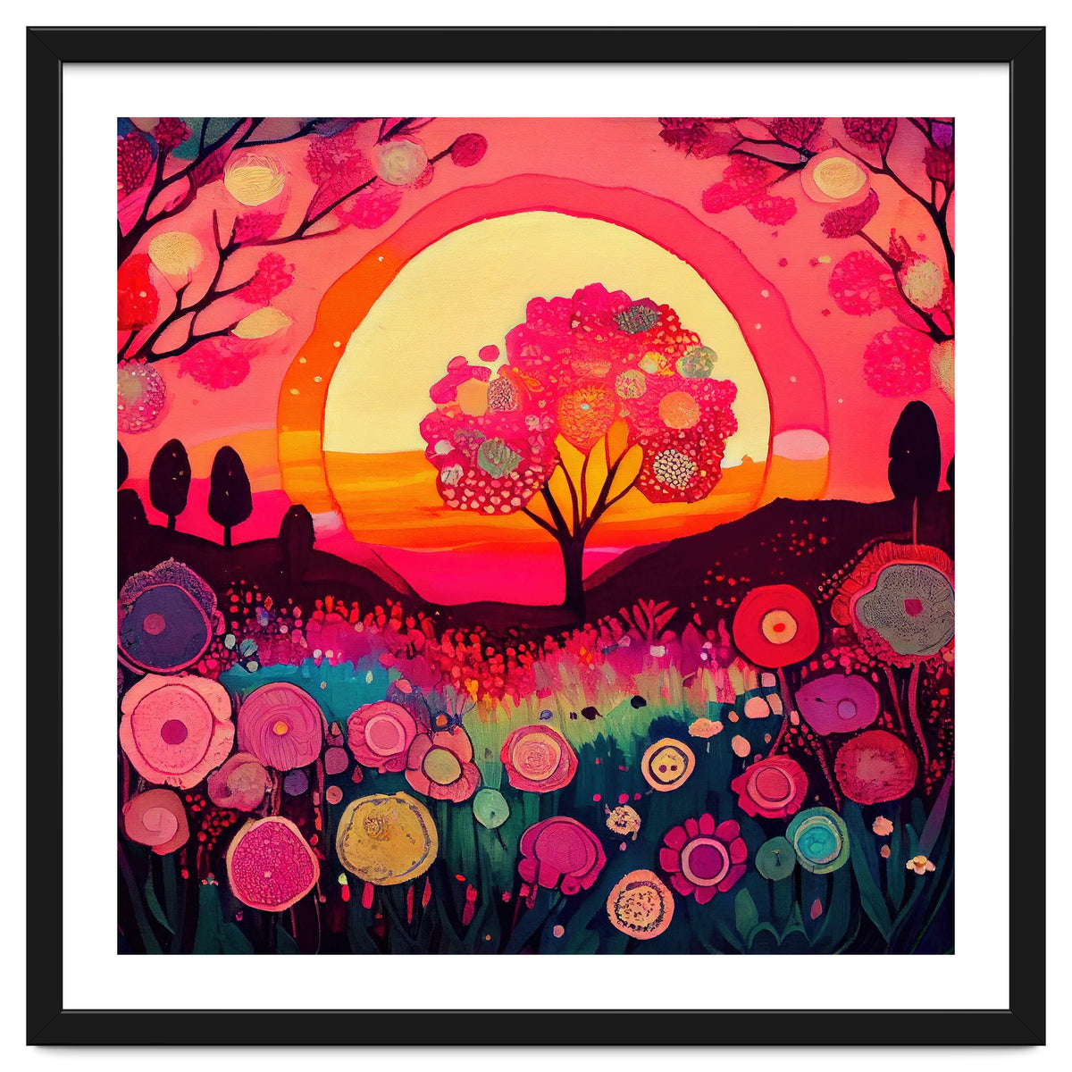 Folk Sunset Blossoming Tree
