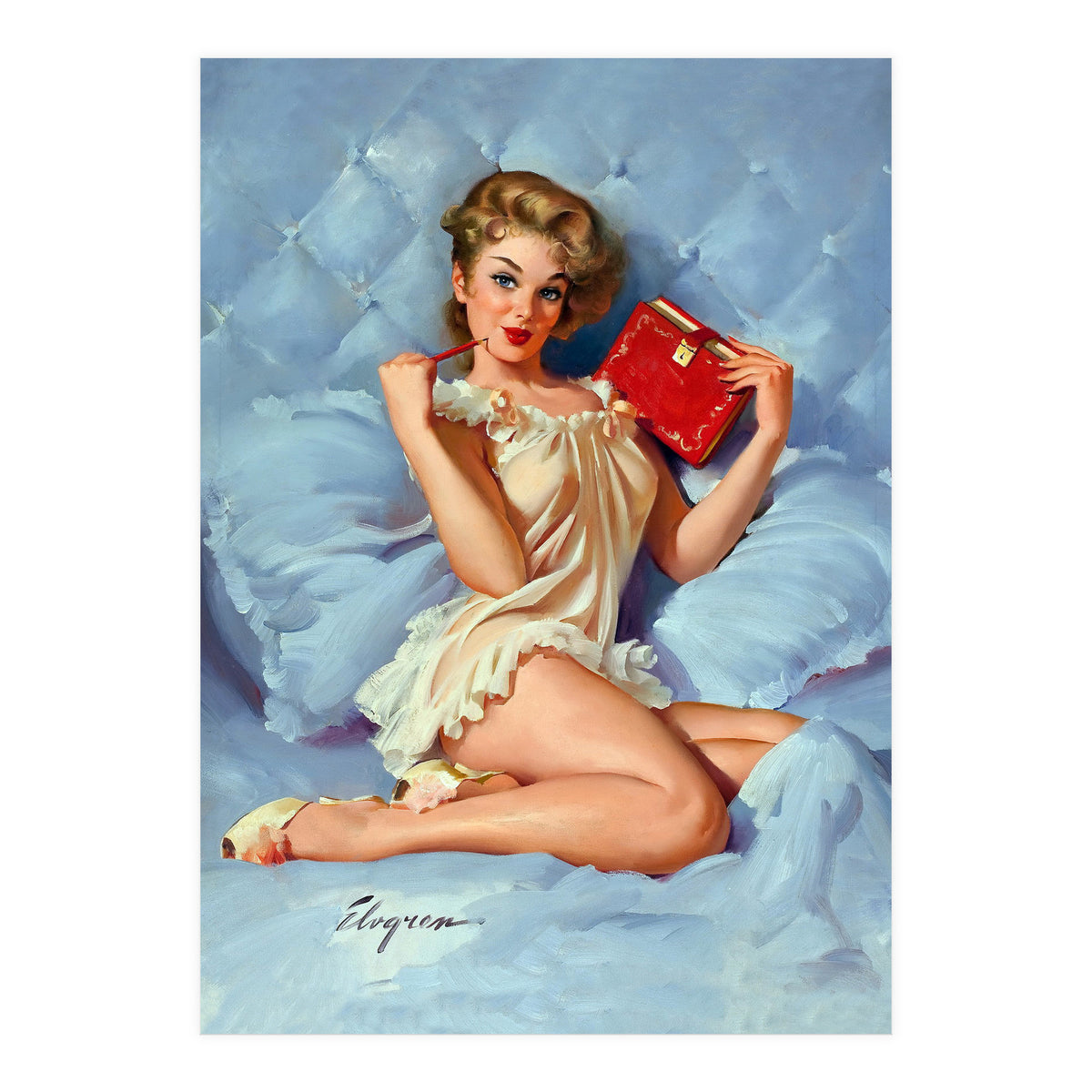 Pinup Sexy Girl Posing With Her Red Book (Print Only)
