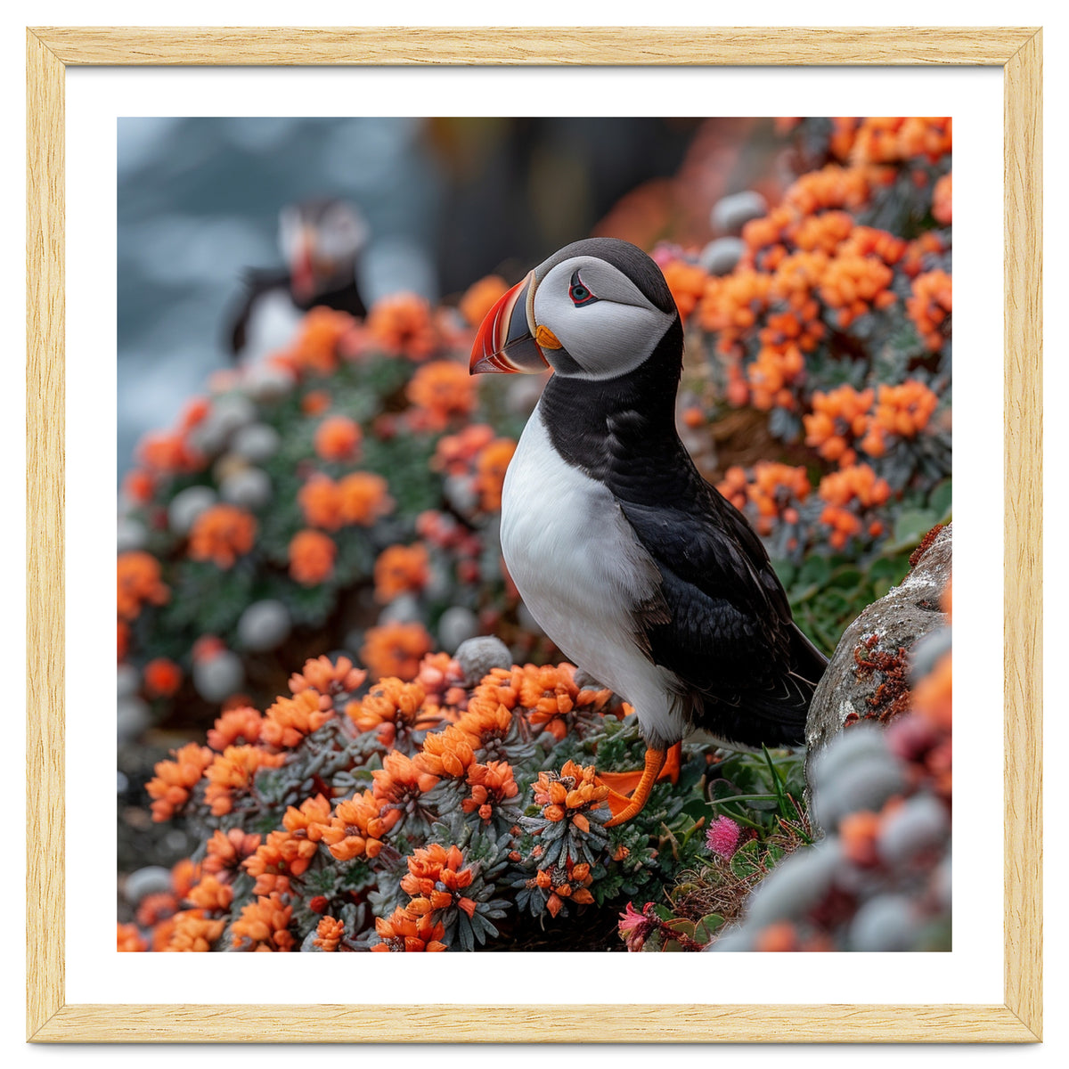 Atlantic Puffin Bird Perched On Orange Flowers