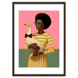 Stylish Woman Holding Goose In Striped Dress thumbnail