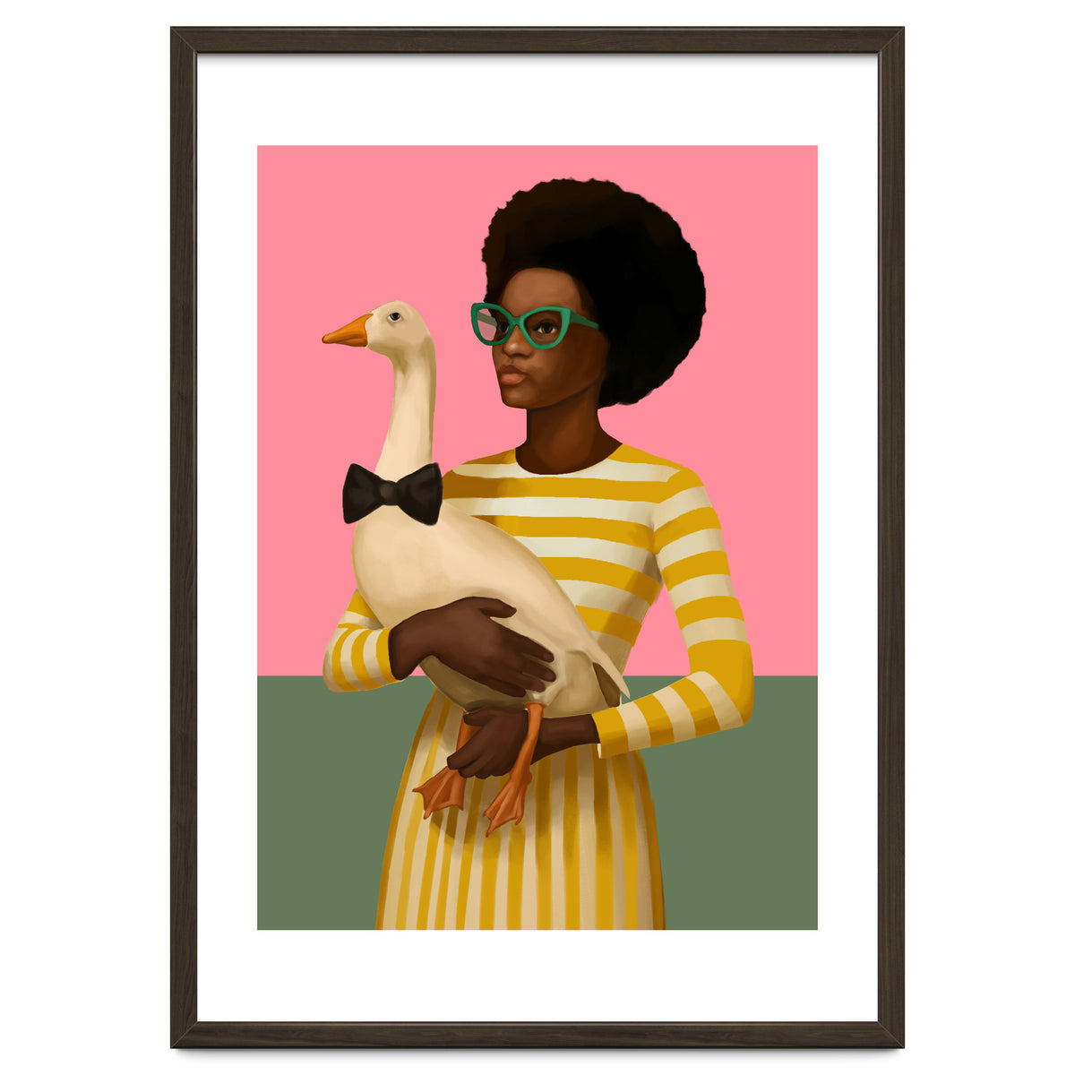 Stylish Woman Holding Goose In Striped Dress