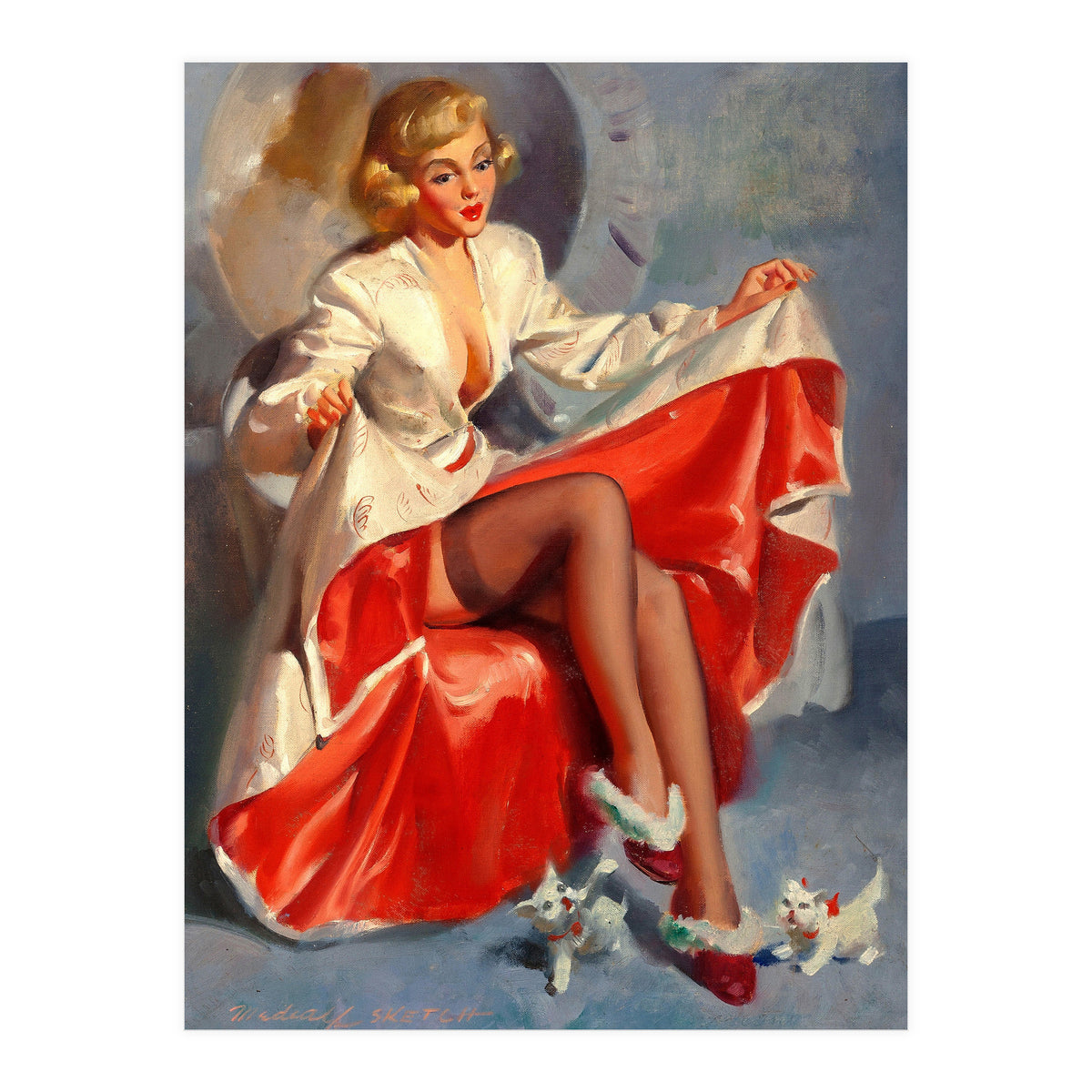 Pinup Girl Playing With Two Little Cats (Print Only)
