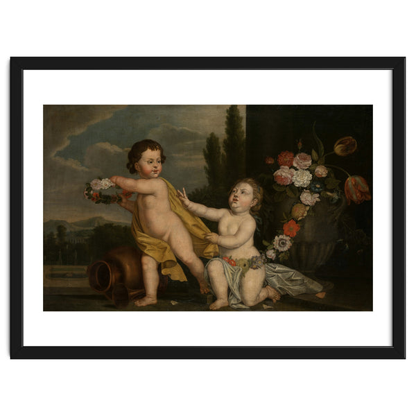 German Master (18th Century) – Two Putti with Garlands of Flowers