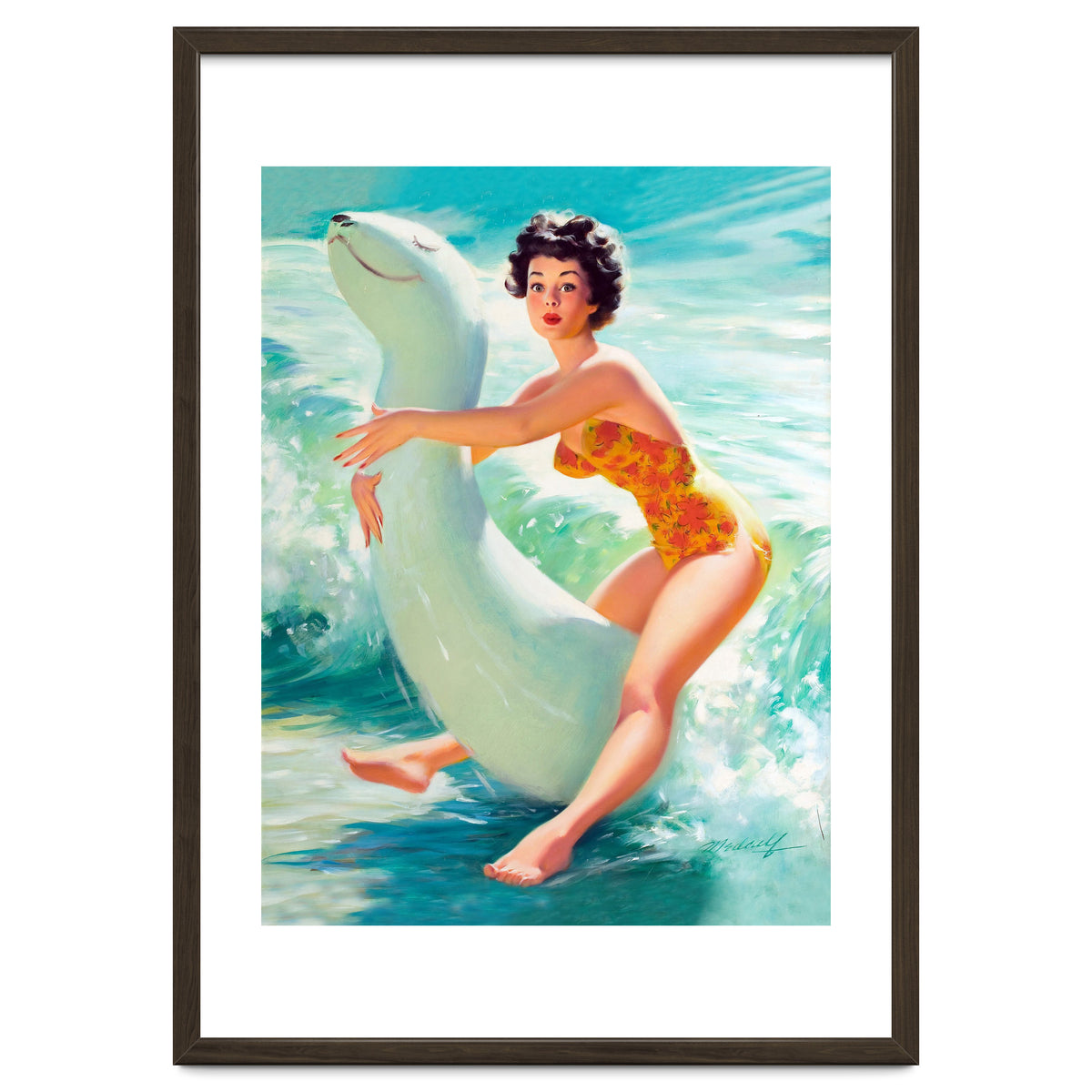 Happy Pinup Girl On The Beach Hugging Her Rubber Toy