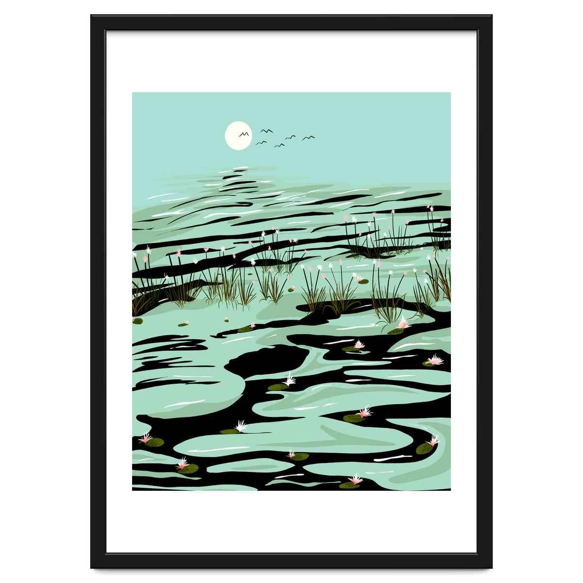 Dreamy Lake, Pastel Nature Botanical Jungle Landscape, Travel Pond Forest Plants Bohemian, Eclectic Scenic