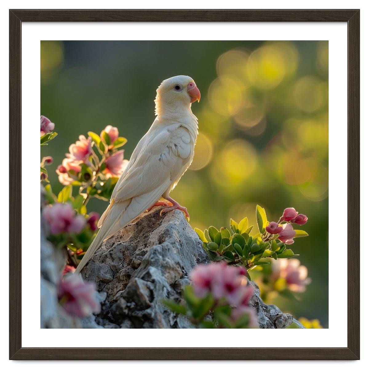Albino Parrot Perched On A Rock Amongst Flowers