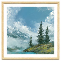 Ethereal Alpine River Valley with Snow-Capped Mountains