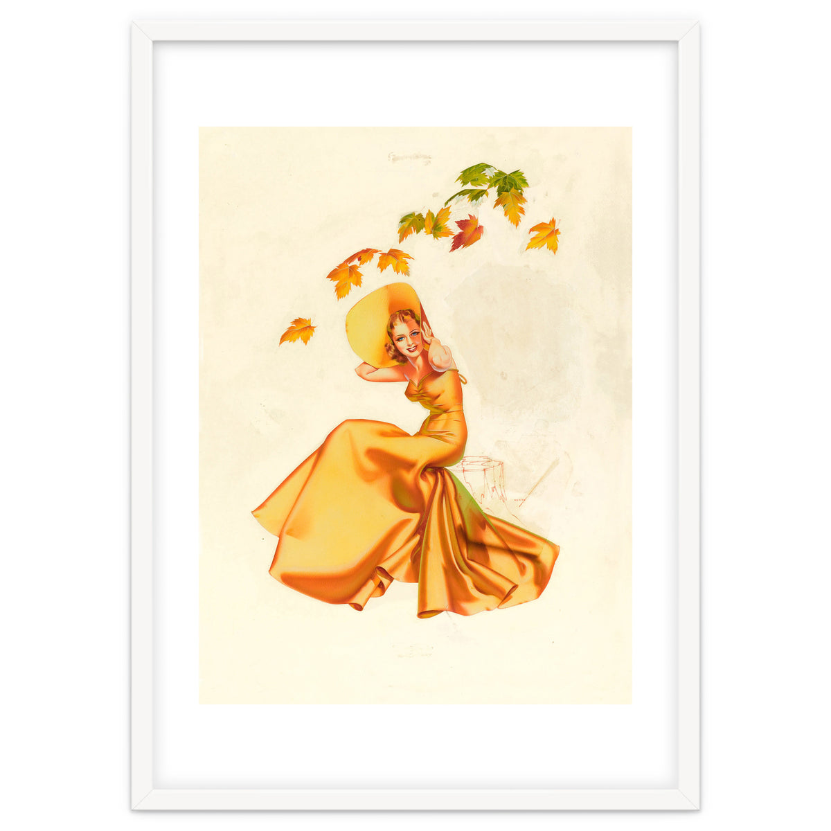 Woman Posing In Yellow Dress And Autumn Leafs