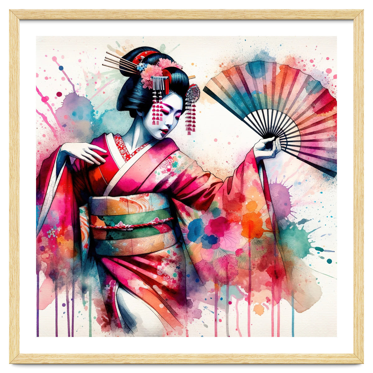 Vibrant Geisha With Rainbow Hand Fan