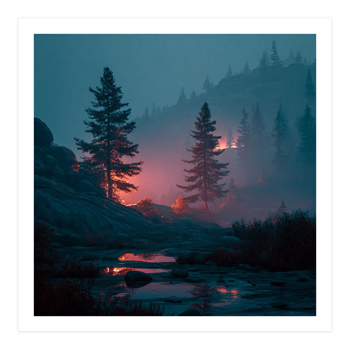 Atmospheric Twilight Pine Forest with Glowing Crimson Light (Print Only)