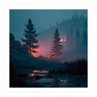 Atmospheric Twilight Pine Forest with Glowing Crimson Light (Print Only)