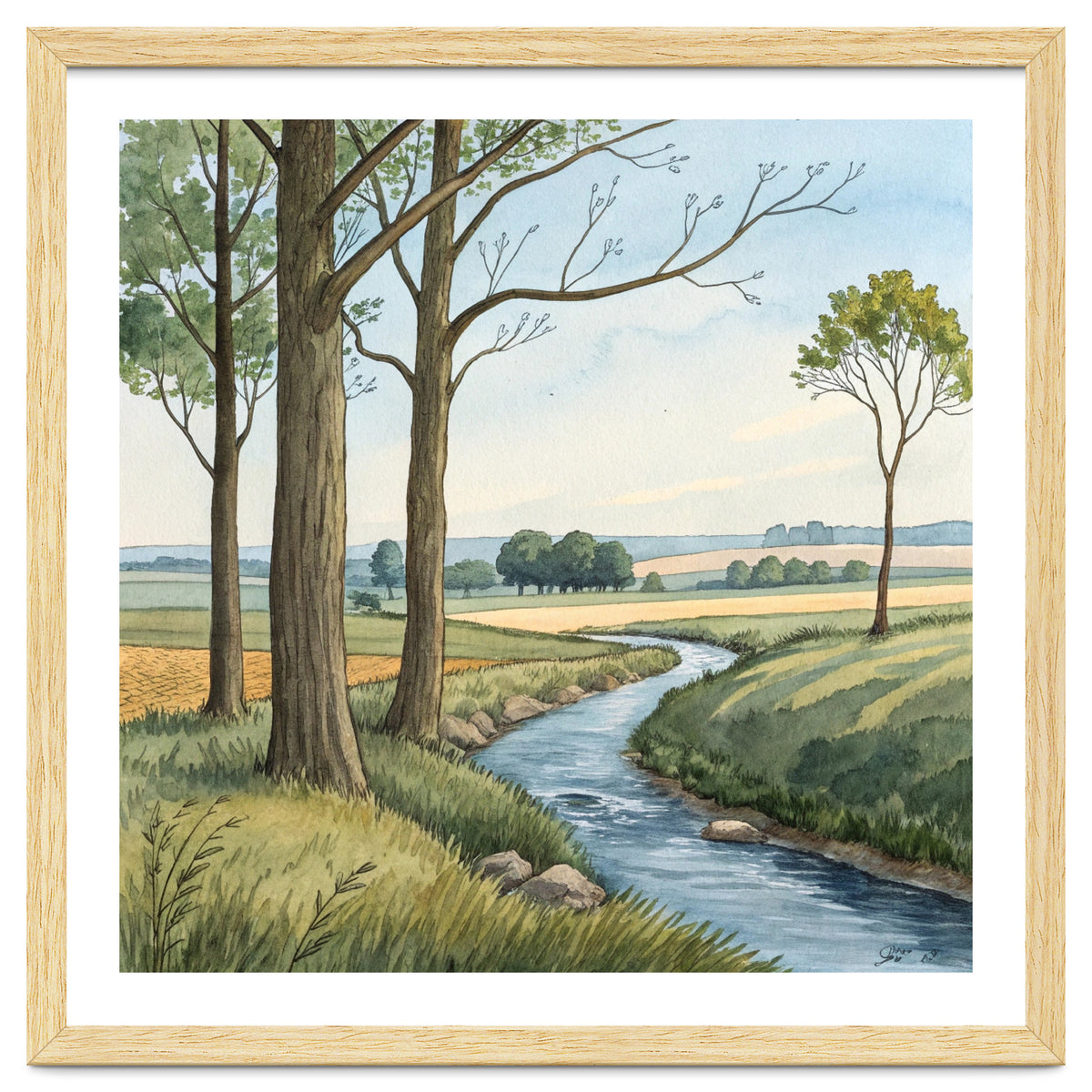Pastoral Countryside Watercolor Painting with Winding Stream Meadows and Deciduous Trees Landscape