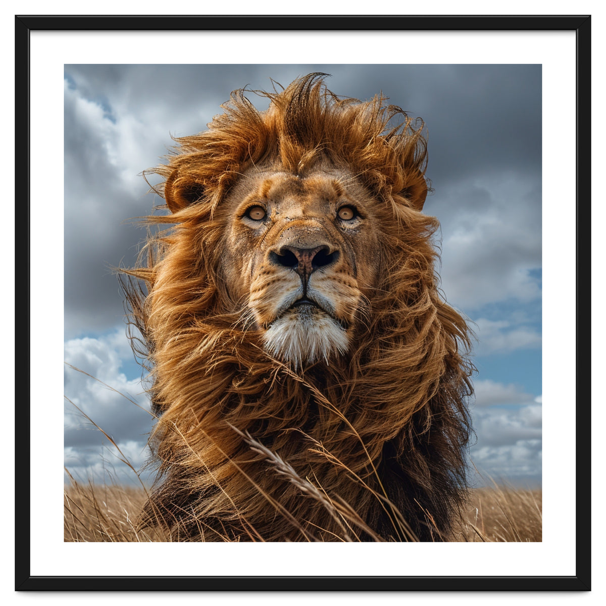Majestic Lion Portrait Windblown Mane Outdoors