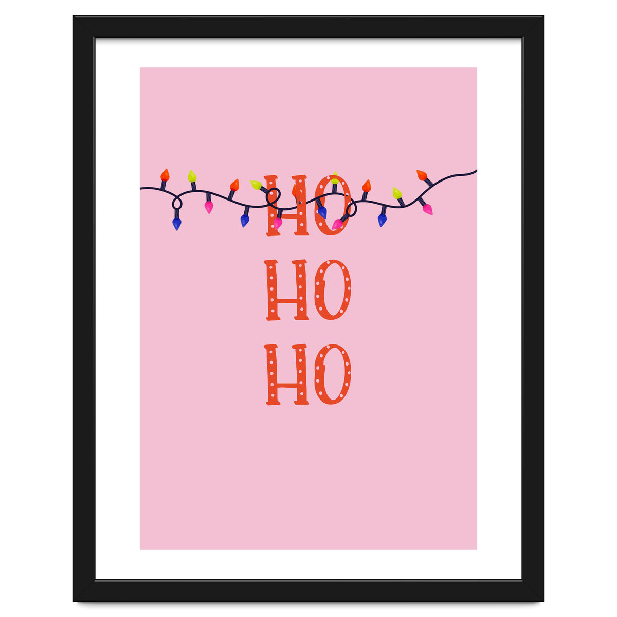 HO HO HO Christmas Lights Art, Pink Holiday Illustration, Modern Festive Quote