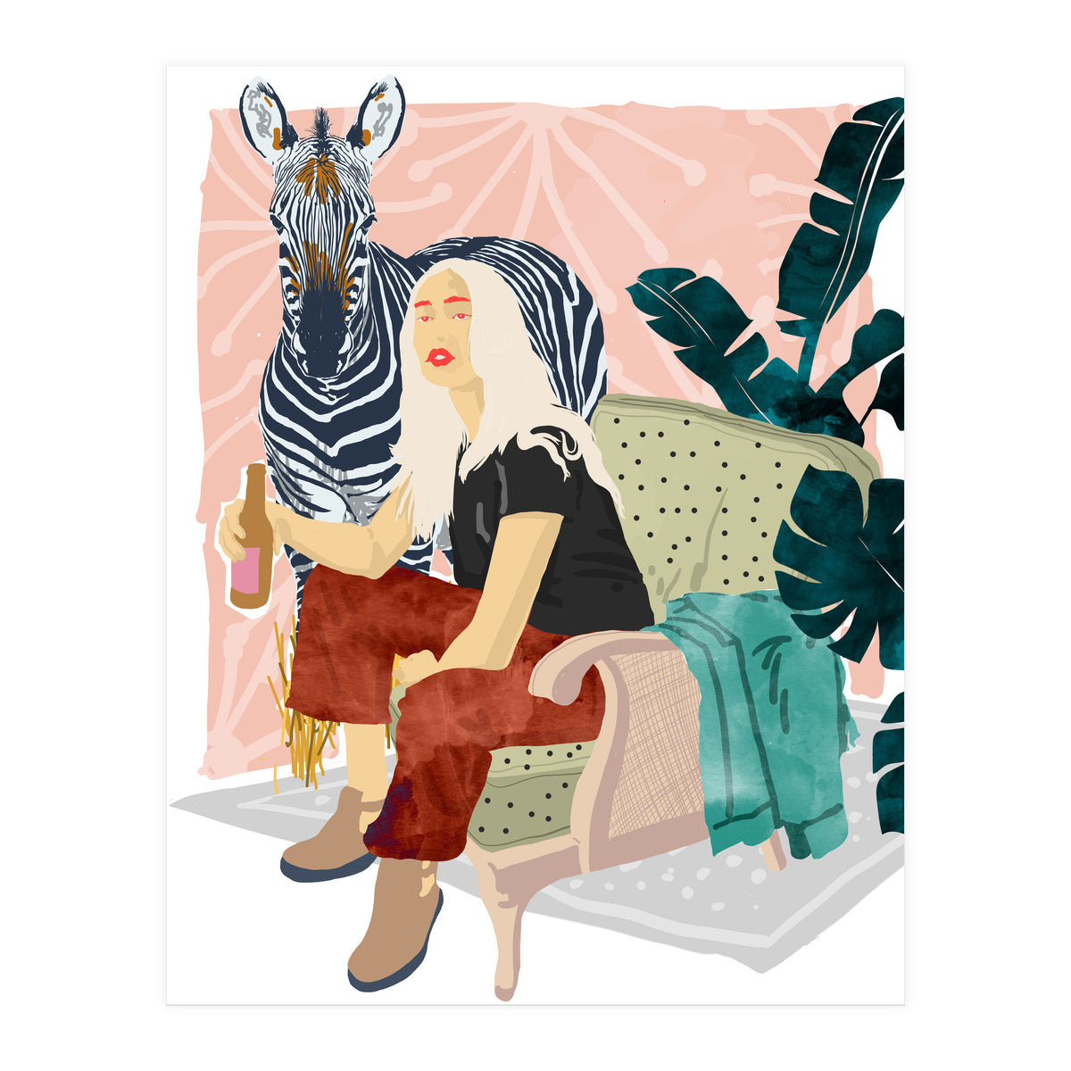Zebra Hangout | Wildlife Urban Jungle Décor | Banana Leaves Monstera Plant Lady Fashion  (Print Only)