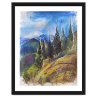 Pastel drawing of an Alpine Pine Forest