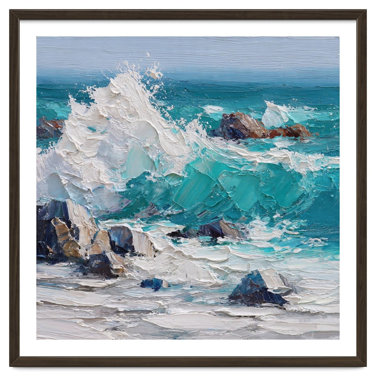 Dynamic Crashing Turquoise Ocean Wave Against Rugged Coastal Rocks