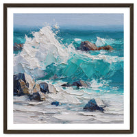 Dynamic Crashing Turquoise Ocean Wave Against Rugged Coastal Rocks