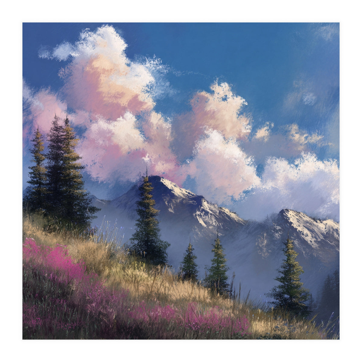 Alpine Summer Meadow with Vibrant Wildflowers and Snow (Print Only)