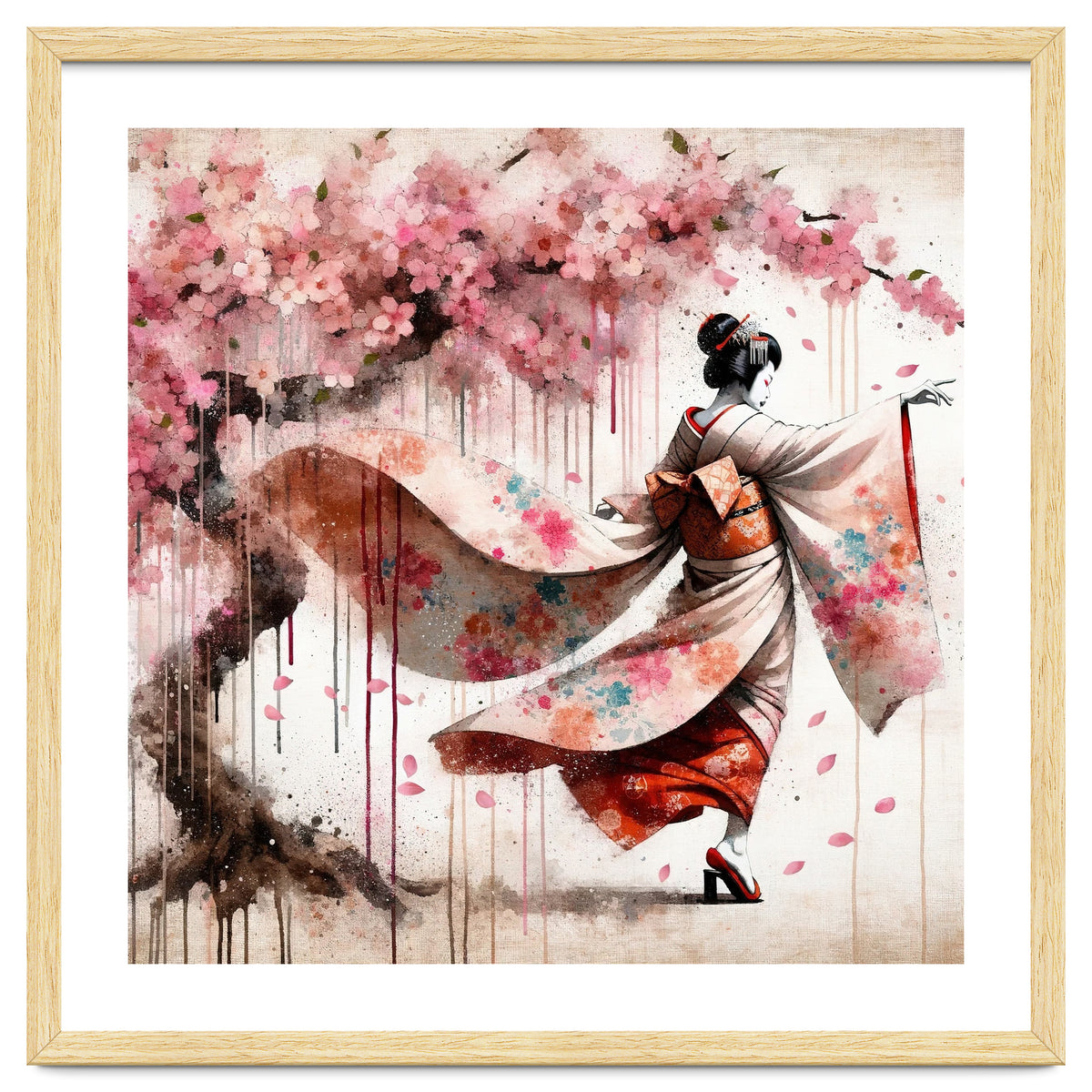 Geisha Under Cherry Blossoms In Motion