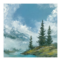 Ethereal Alpine River Valley with Snow-Capped Mountains (Print Only)