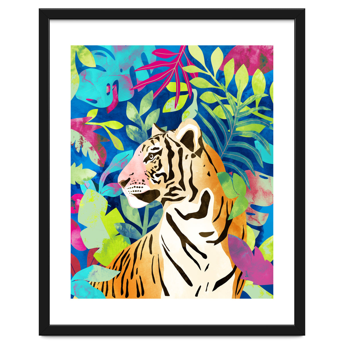 Tropical Tiger, Animal Jungle Watercolor Painting, Nature Travel Wild Botanical