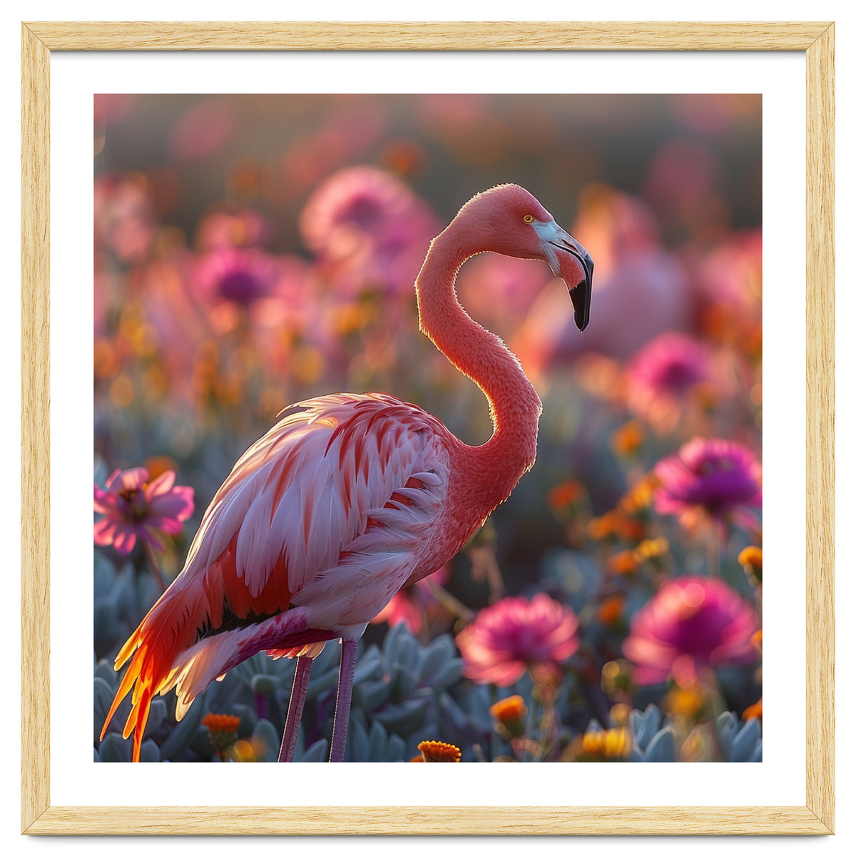 Pink Flamingo Standing In A Field Of Flowers