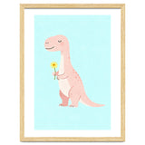 T-Rex Tyrannosaurus Dinosaur Art, Whimsical Dino with Flower, Gentle Nursery Print thumbnail