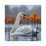 White Swan Swimming In A Lake With Reeds (Print Only) thumbnail