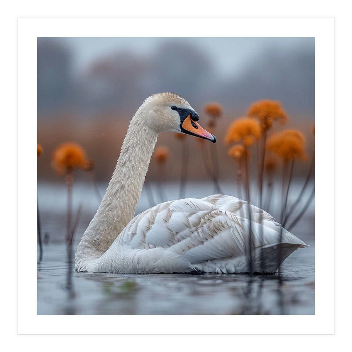 White Swan Swimming In A Lake With Reeds (Print Only)