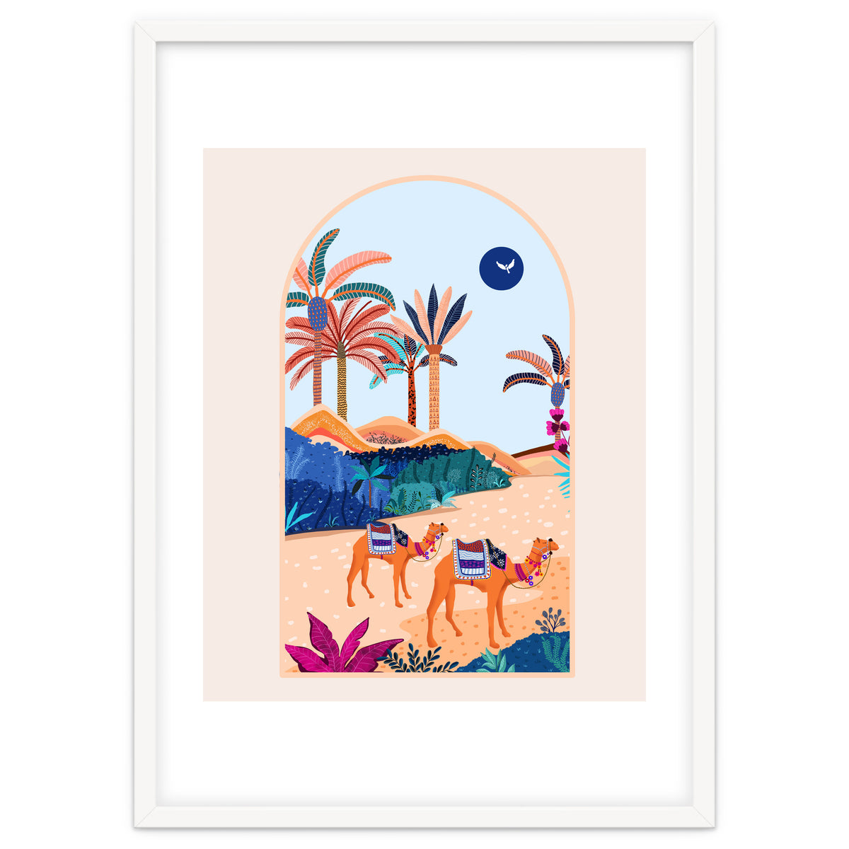 The Arabian Desert, Nature Landscape Travel Illustration, Camels Eclectic Sand Dunes Dubai Palm, Sahara Middle East Hot Summer Animals Bohemian