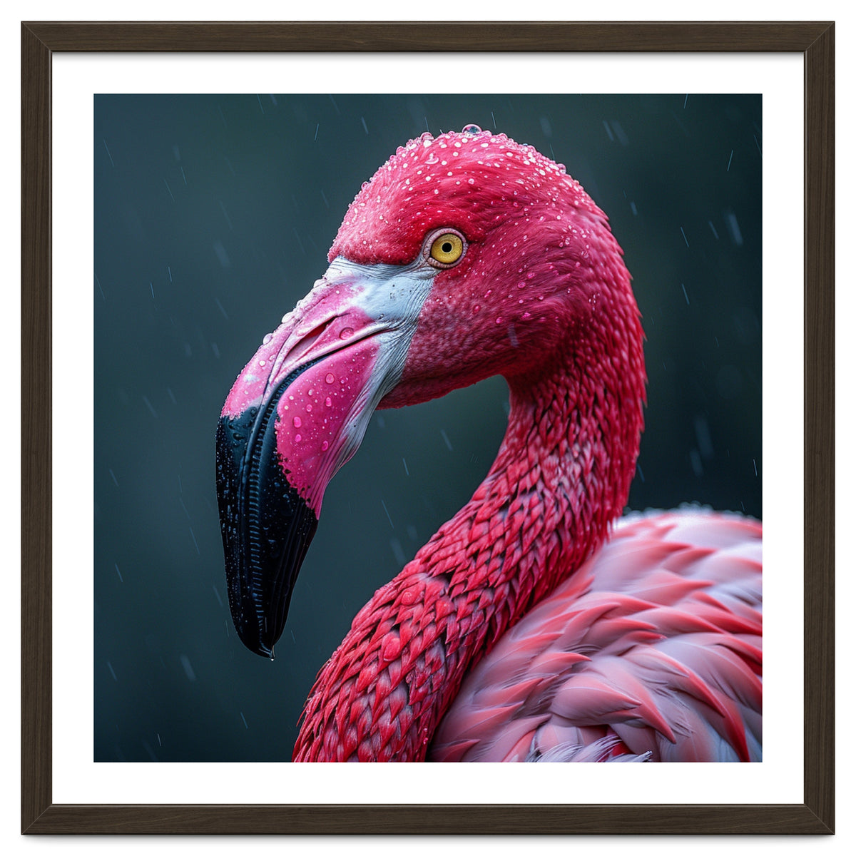 Close Up Pink Flamingo In Rain Drops